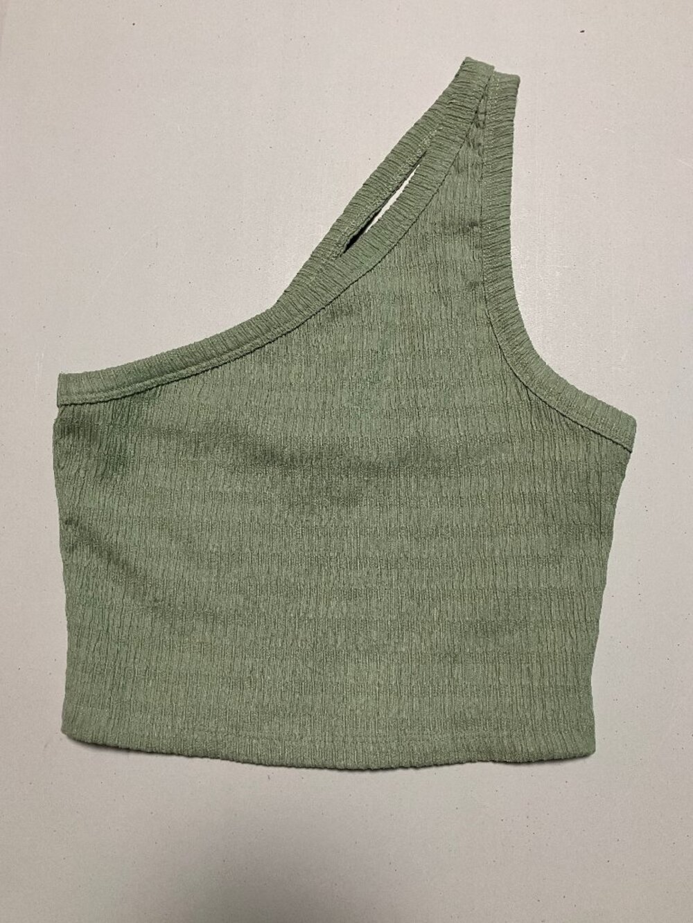 NWT American Eagle Sage Green One Shoulder Crop Top Cutout Crinkle Smocked Small